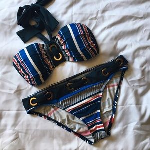 Blue Rob Beattie multicolored striped bikini