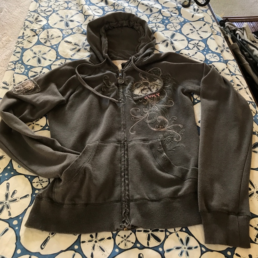 Gray distressed Roxy jacket with floral accents