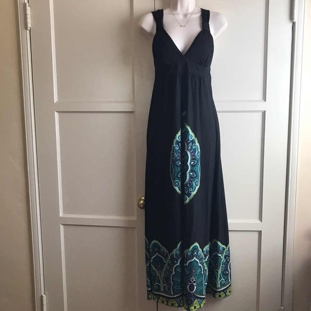 Black with teal paisley print maxi dress