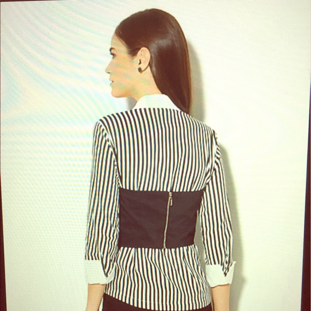 Pinstriped blouse with cummerbund. NY&Co