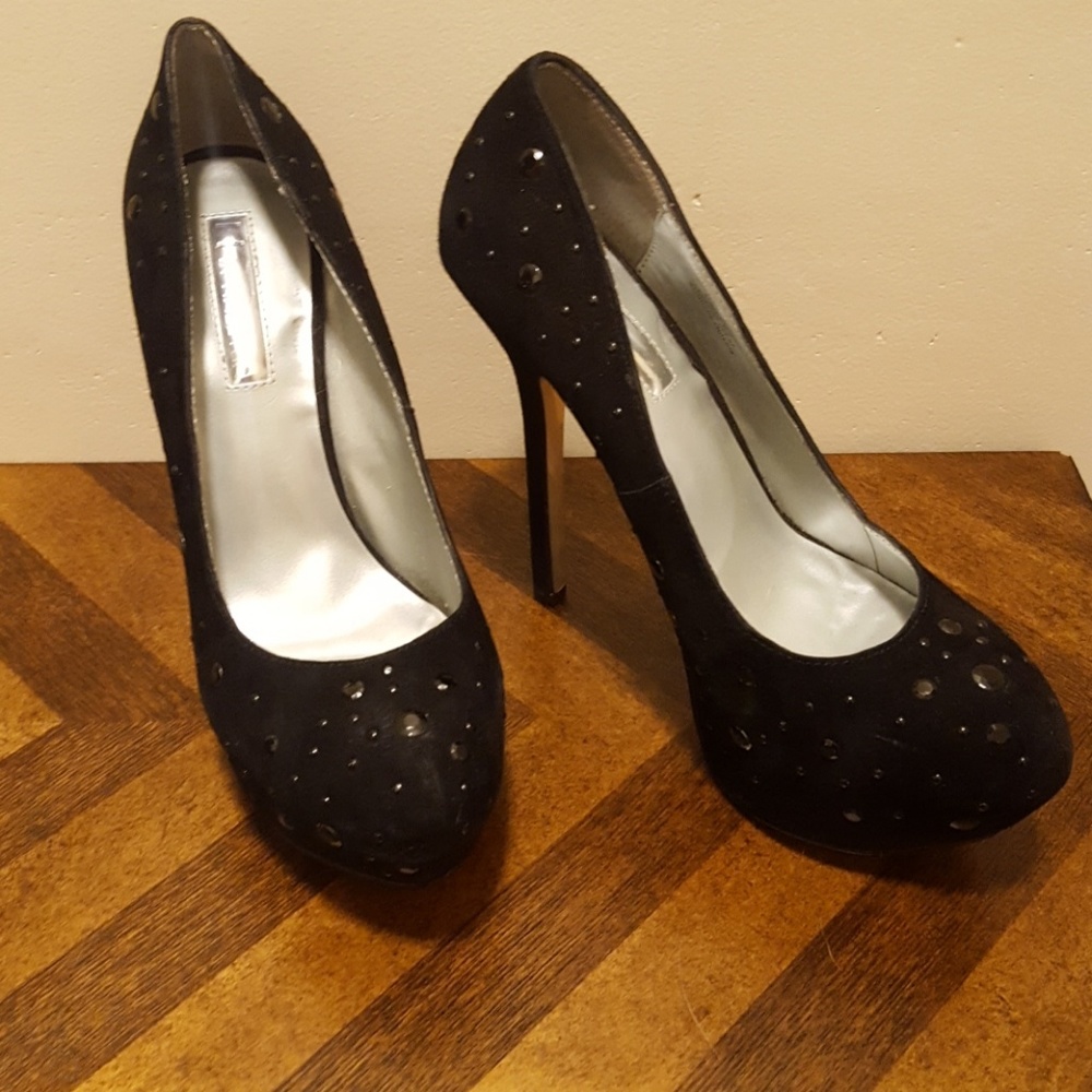 H by Halston black suede stilettos