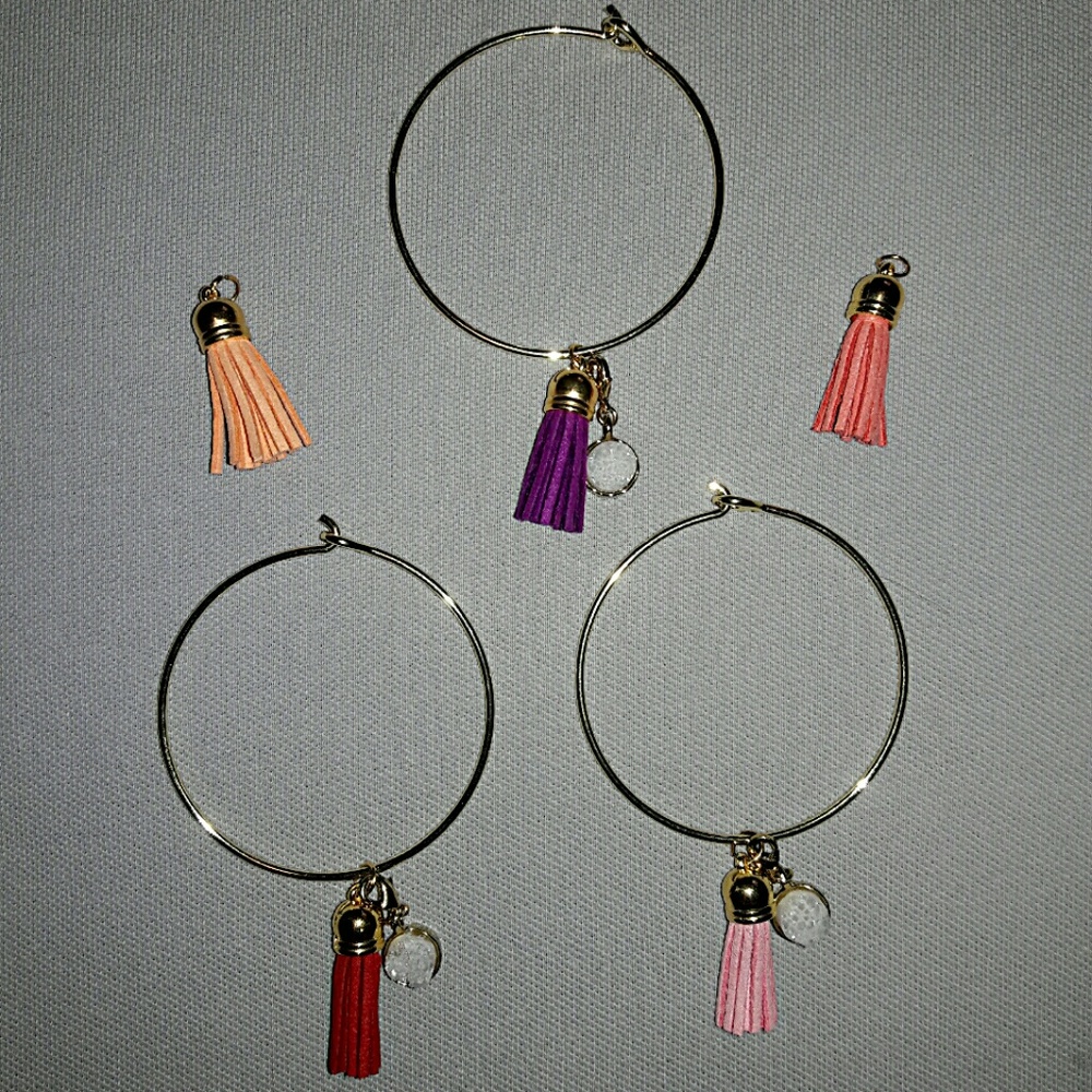 Gold Bangle Bracelets with tassels & druzy charm.