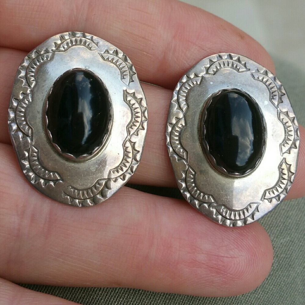 Large sterling onyx native American earrings