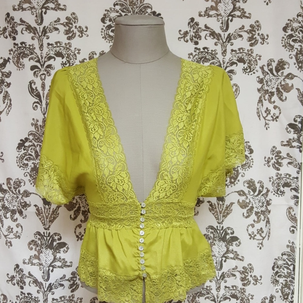 Chartreuse green lace boho top