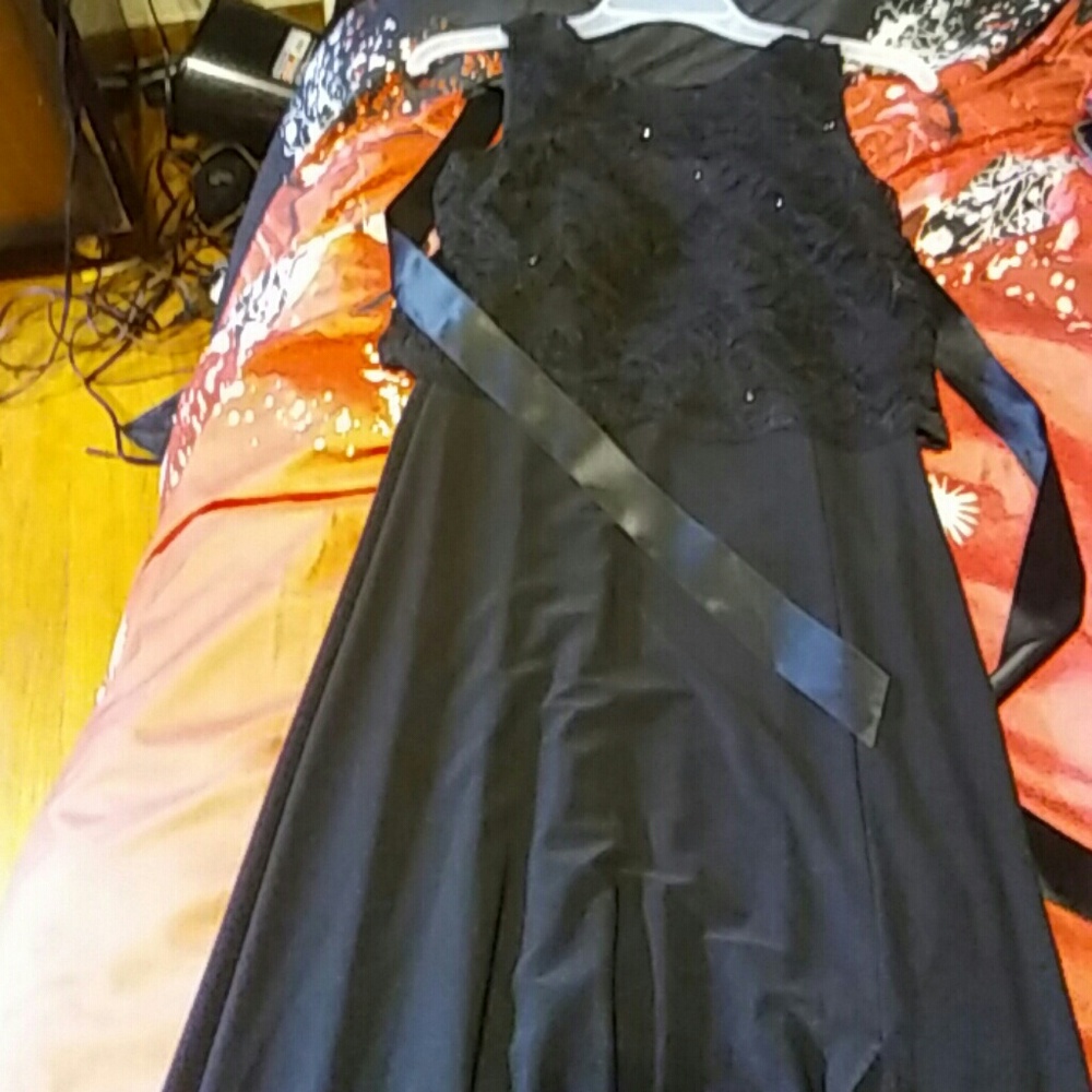 Black evening gown satin ribbon lace and sequence