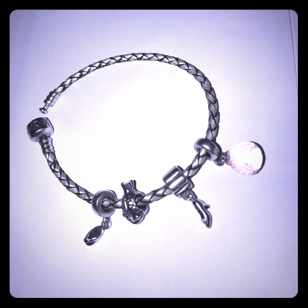 Authentic Leather Pandora Bracelet w 4 Charms