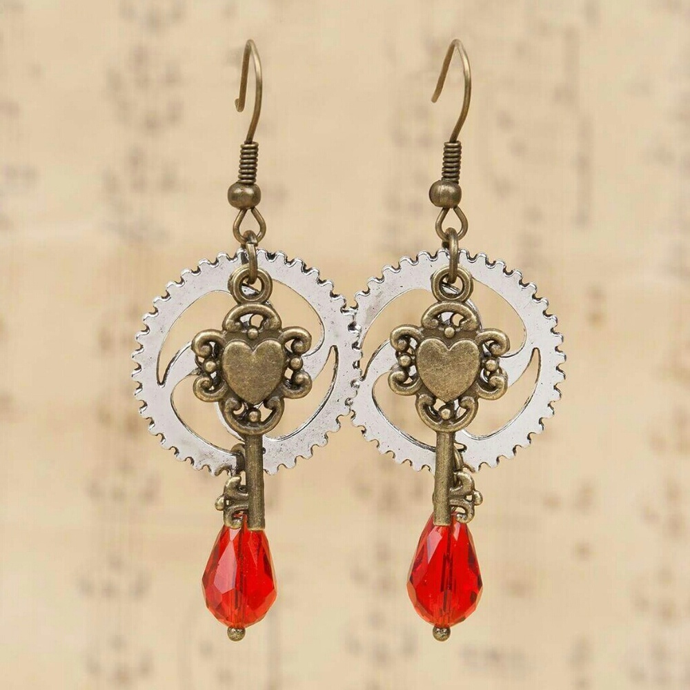 Red Glass Steampunk Earrings