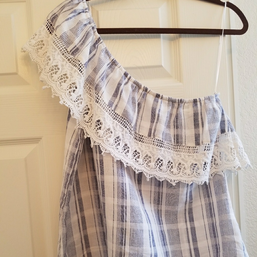 One shoulder denim blue ruffle shirt