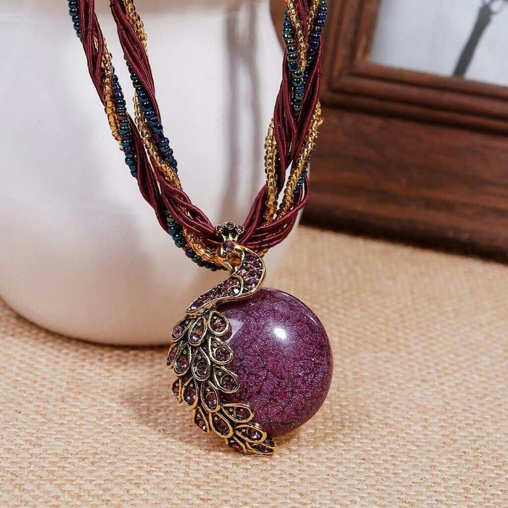 Violet Glass Peacock Necklace