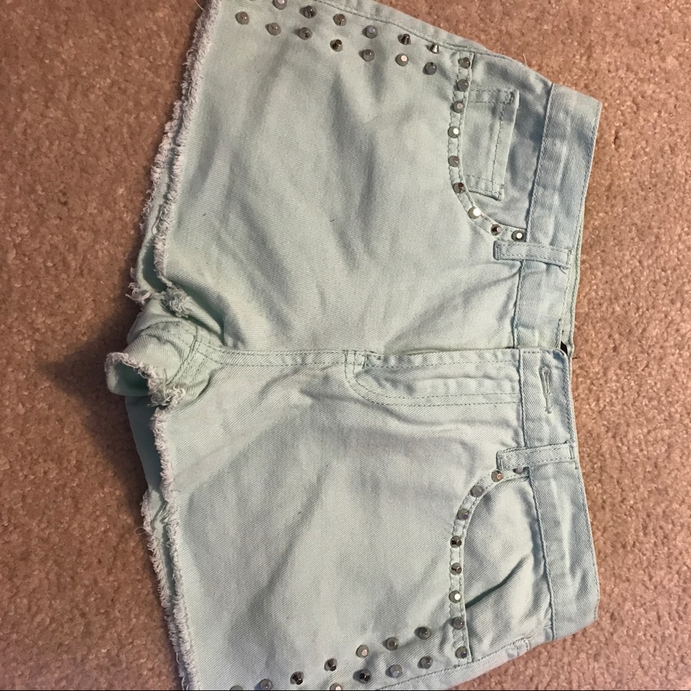 High waisted teal studded jeans shorts
