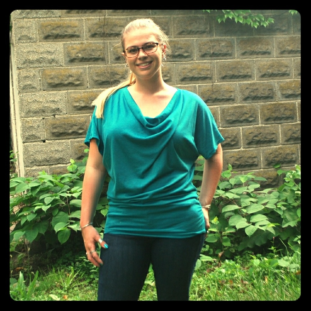Teal cowl neck party top