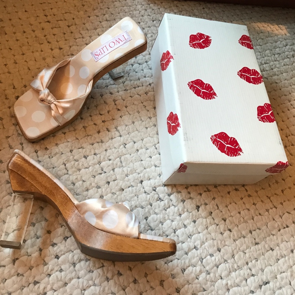 NEW! Two Lips Silk Polkadot Knot Clear Lucite High Heels! 9 Wood Platform Sandal