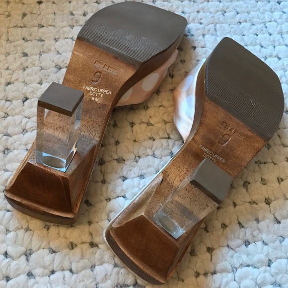 NEW! Two Lips Silk Polkadot Knot Clear Lucite High Heels! 9 Wood Platform Sandal - Picture 6 of 8