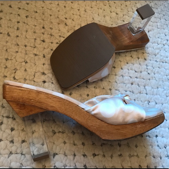 NEW! Two Lips Silk Polkadot Knot Clear Lucite High Heels! 9 Wood Platform Sandal - Picture 4 of 8