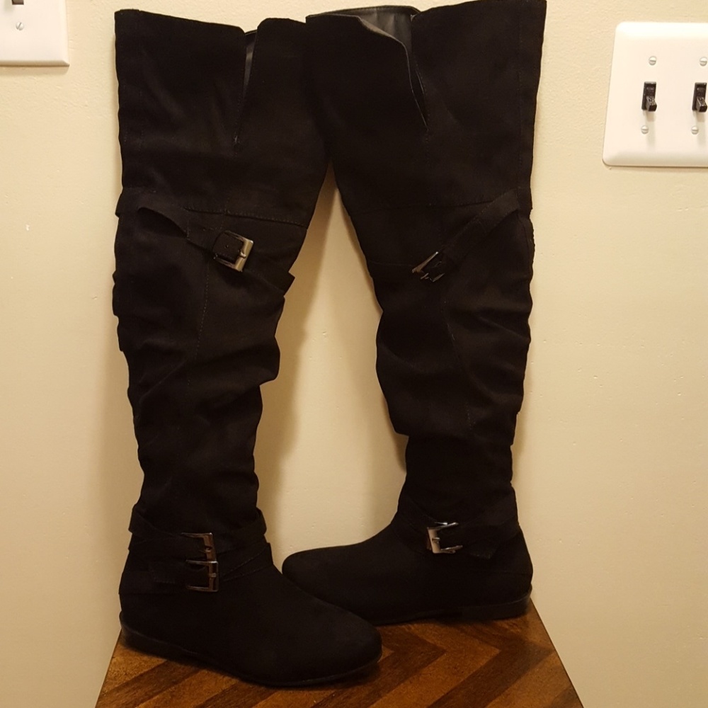 Thigh high black faux suede boot