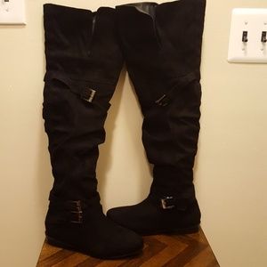 Thigh high black faux suede boot