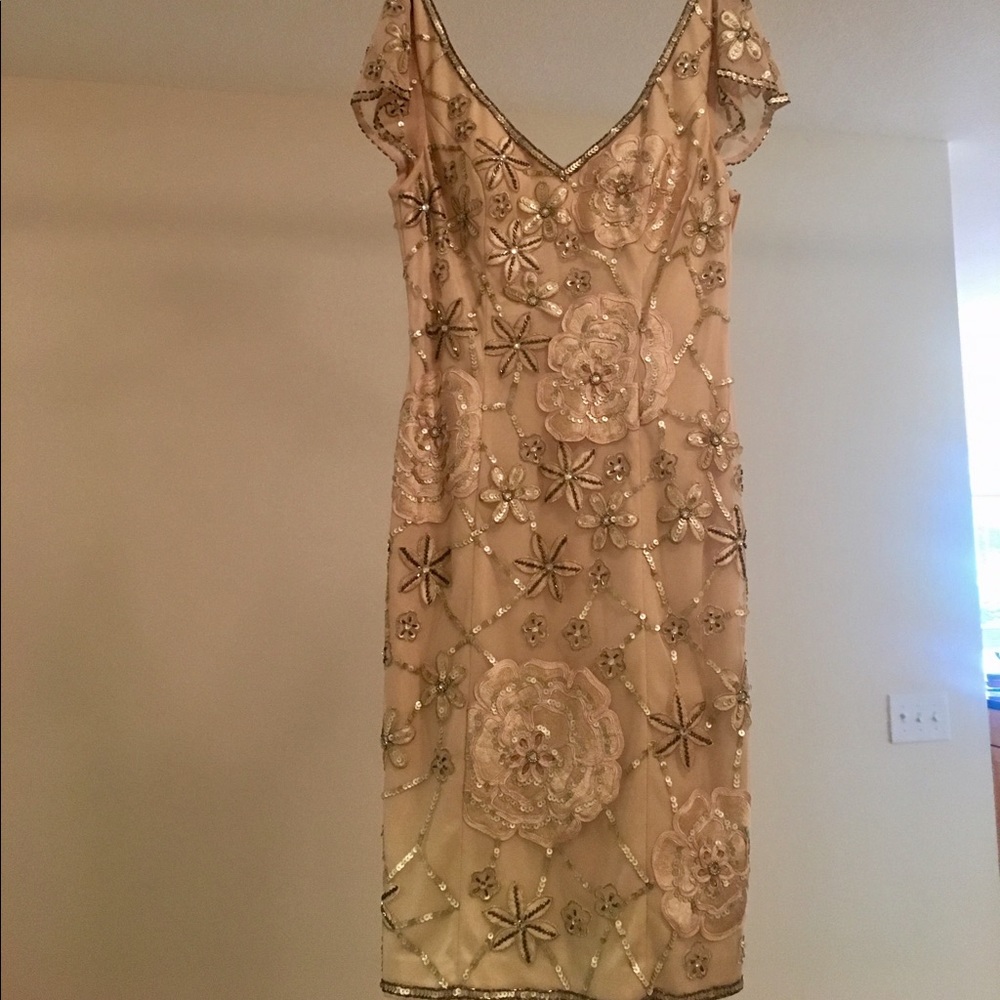 Sue Wong Flutter Sleeve Floral Beaded Dress