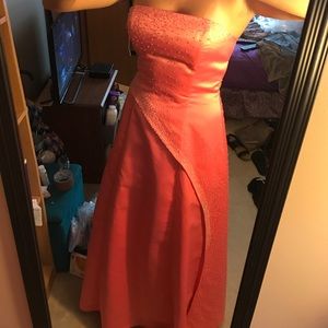 Strapless coral prom dress