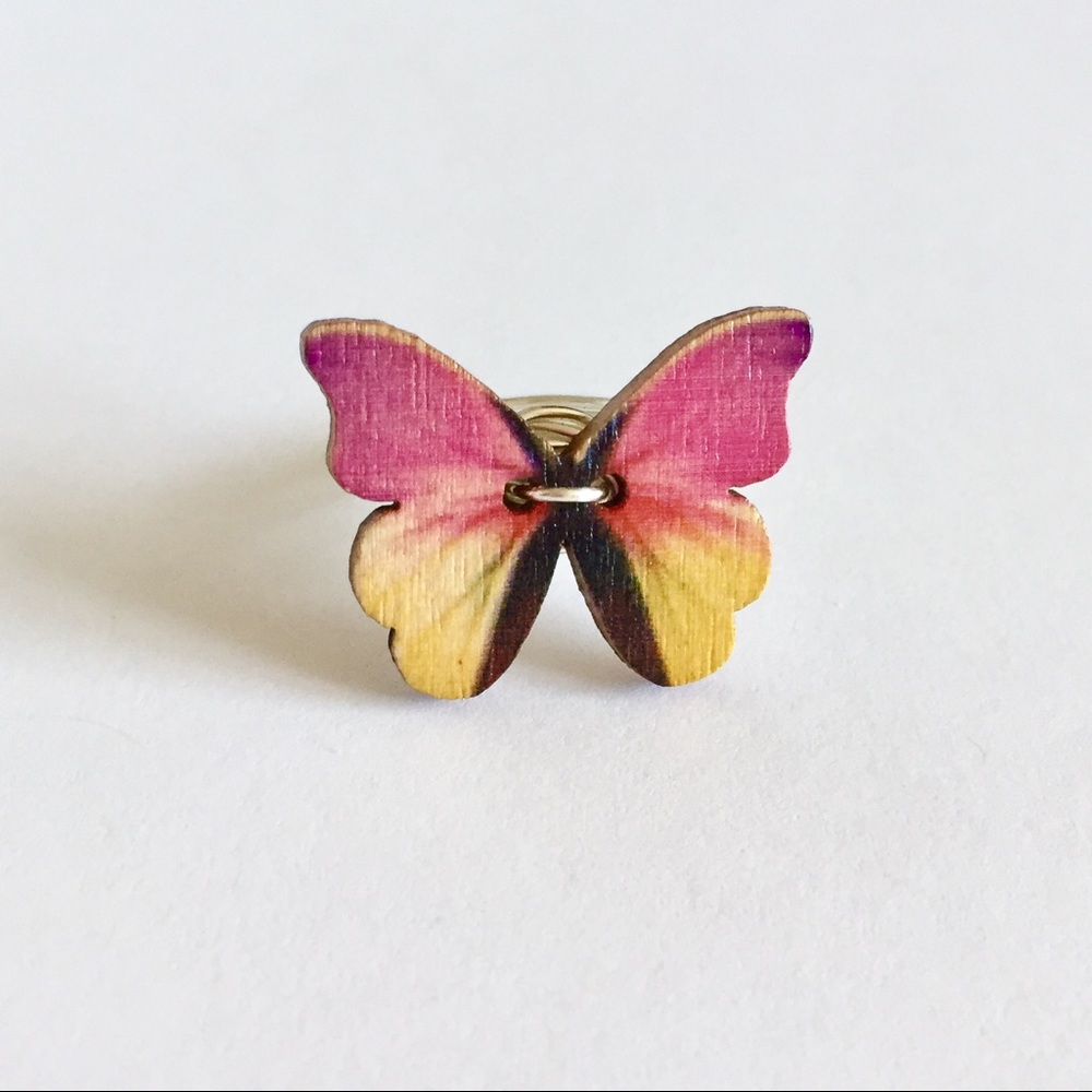 Pink & Yellow Butterfly Button Ring. Handmade - Picture 2 of 5