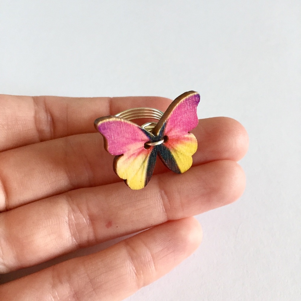 Pink & Yellow Butterfly Button Ring. Handmade - Picture 3 of 5
