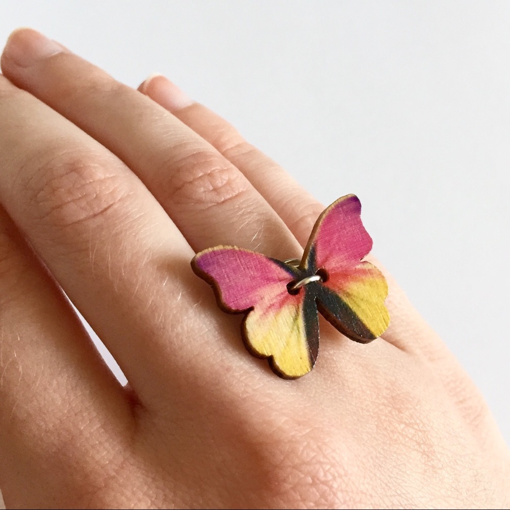 Pink & Yellow Butterfly Button Ring. Handmade - Picture 4 of 5