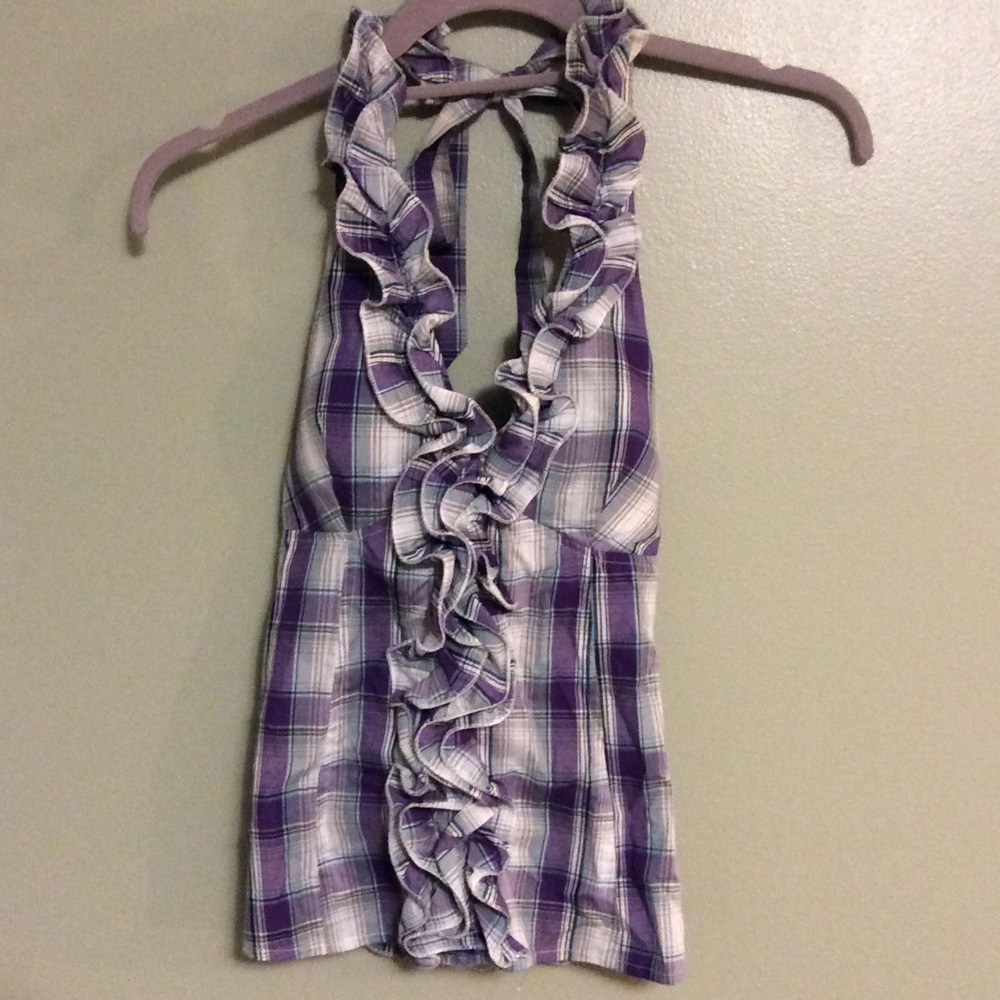 Purple plaid halter top with ruffles