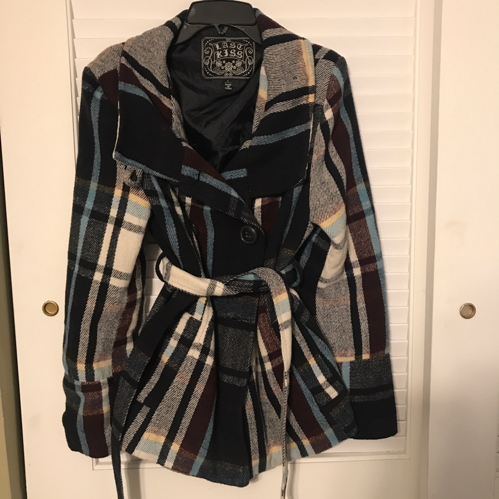 Plaid hip length pea-coat