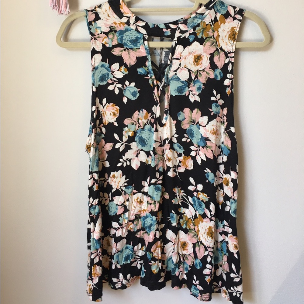 black vintage inspired floral sleeveless tank