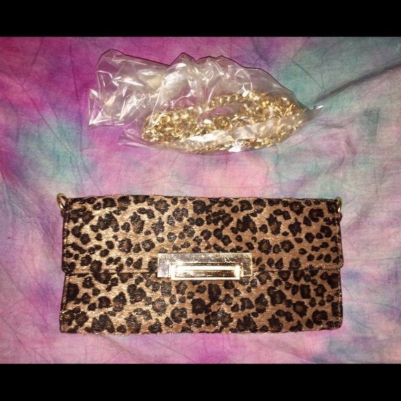 Handbags - Faux fur gold chain leopard clutch wallet purse