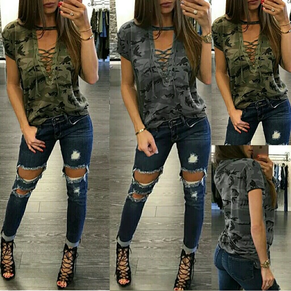 ⏩SOLD OUT⏪💕NEW💕CAMO LACE UP TOPS - Picture 3 of 4