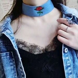 Rose embordered denim choker
