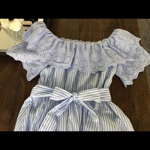 Off Shoulder Striped Eyelet Lace Midi Dress