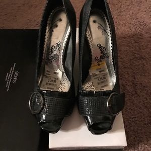 Naughty Monkey Black Wedge Peep Toe Heels