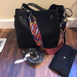 Cute Black shoulder bag with Aztec print strap!