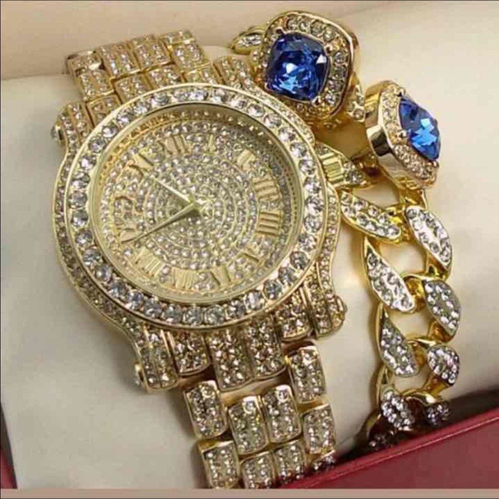 Men's Gold Plated Watch&Braclet&Blue Ruby Earings