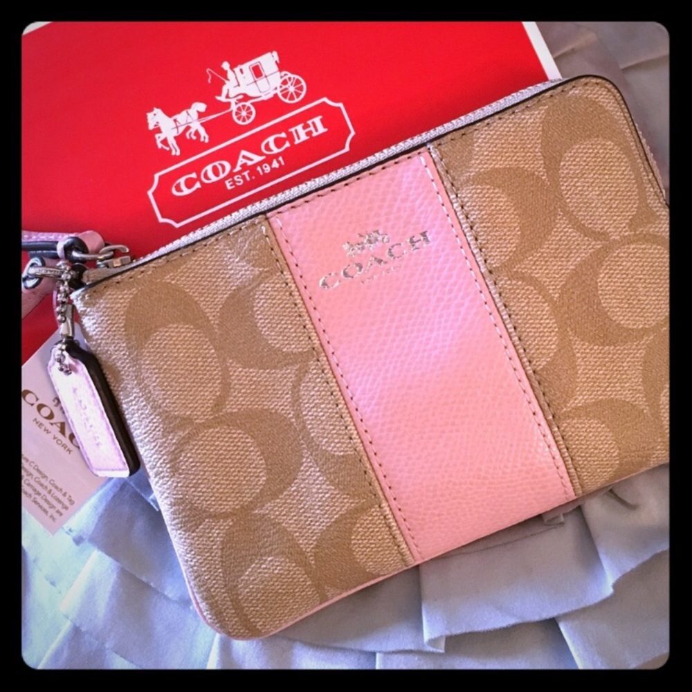 Coach Signature Light Pink and Khaki Wristlet