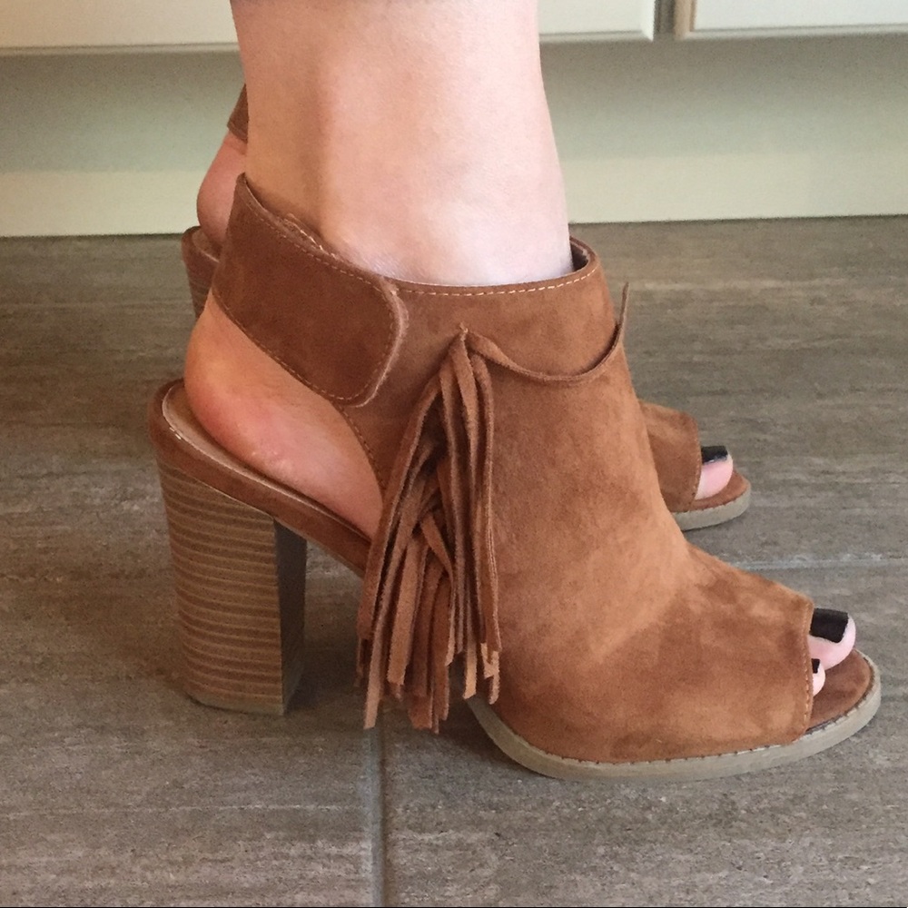 Brown Block Heels With Fringe