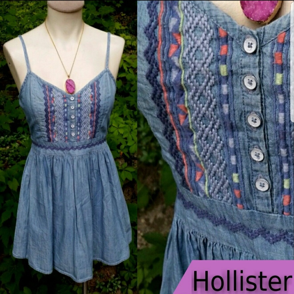 Boho Embroidered Chambray Jean Dress