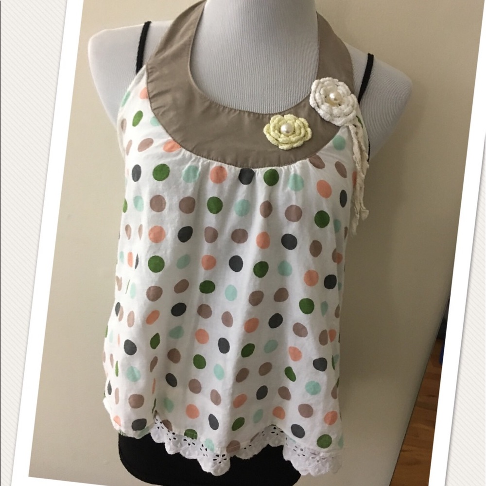 Backless Polka Dot Halter Top with Lace Trims