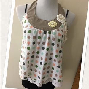 Backless Polka Dot Halter Top with Lace Trims