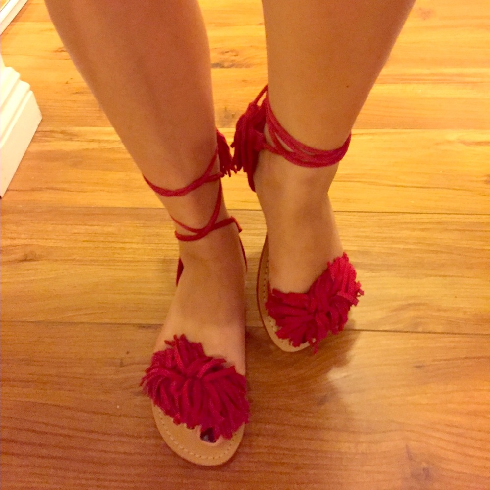 Adorable red fringe tie up sandals