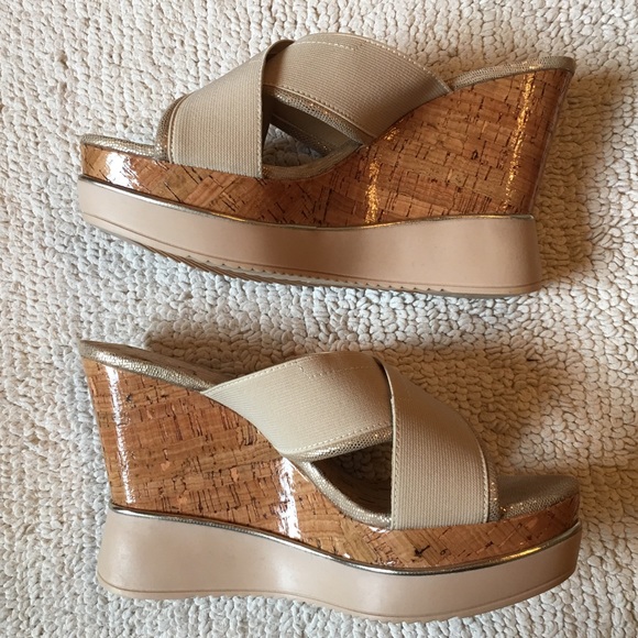 Jimmy Choo Perfume Metallic Leather Cork Wedge Sandals  DJP Metallic Cream & Silver Gold Cork Wedges