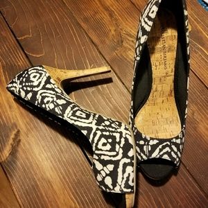 Black & white tribal print peep toe heels