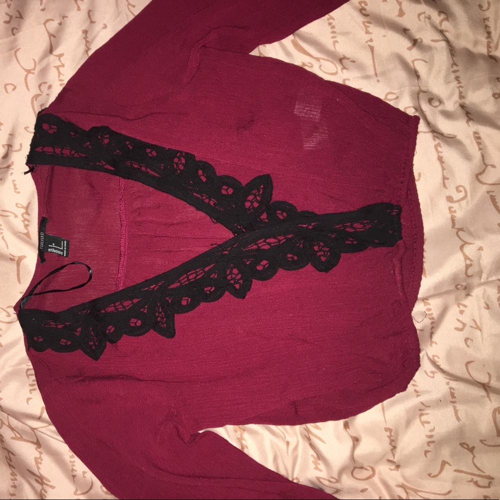 Burgundy cross over blouse with lace detail