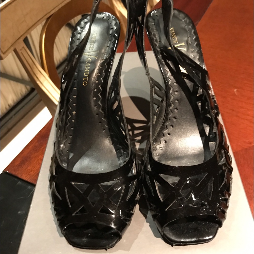 Vince Camuto Black Patent Leather Peep Toe Sandal
