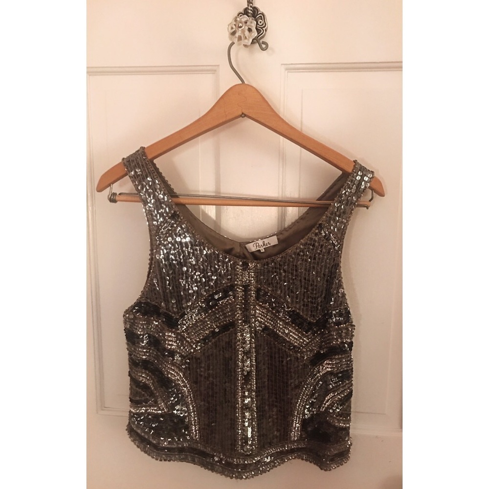 PARKER Silver Sequin Silk Cropped Scoop Neck Tank