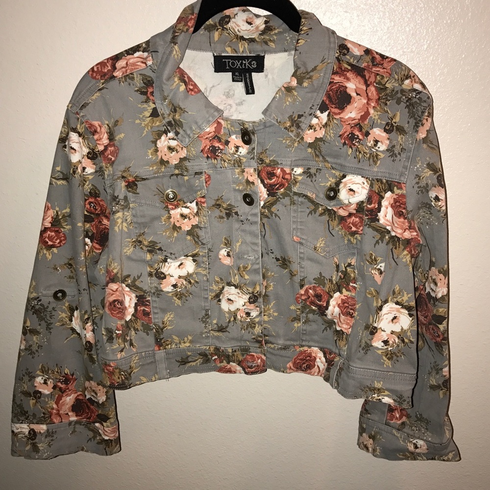 Floral stretchy denim crop jacket