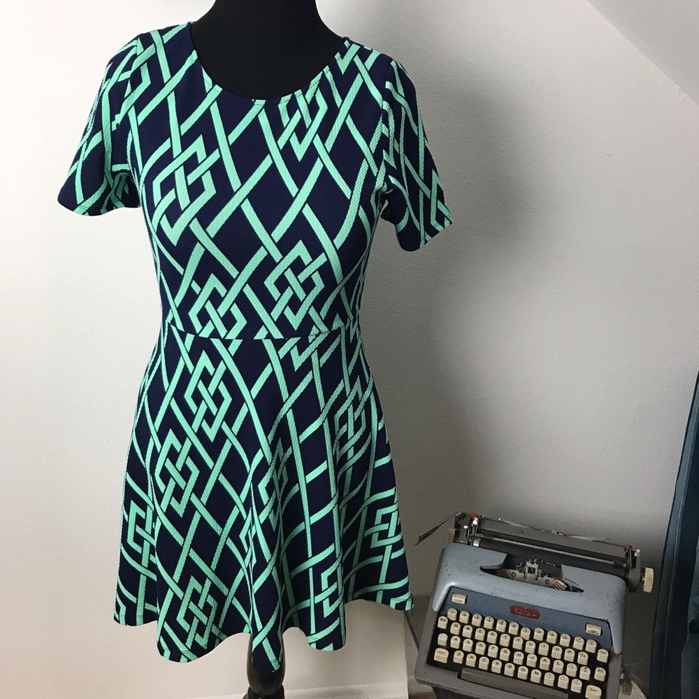 Blue Rain Print Skater Dress