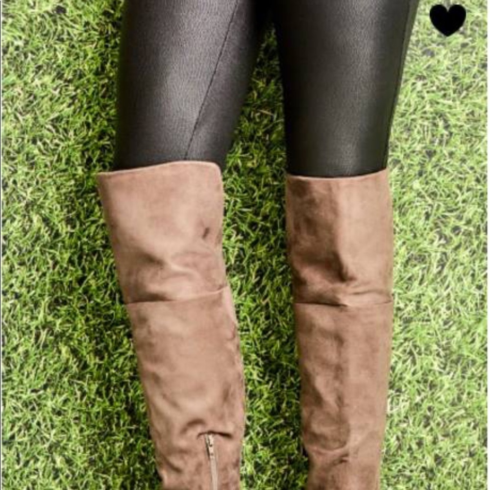 Knee high fold over faux light brown/taupe boots.
