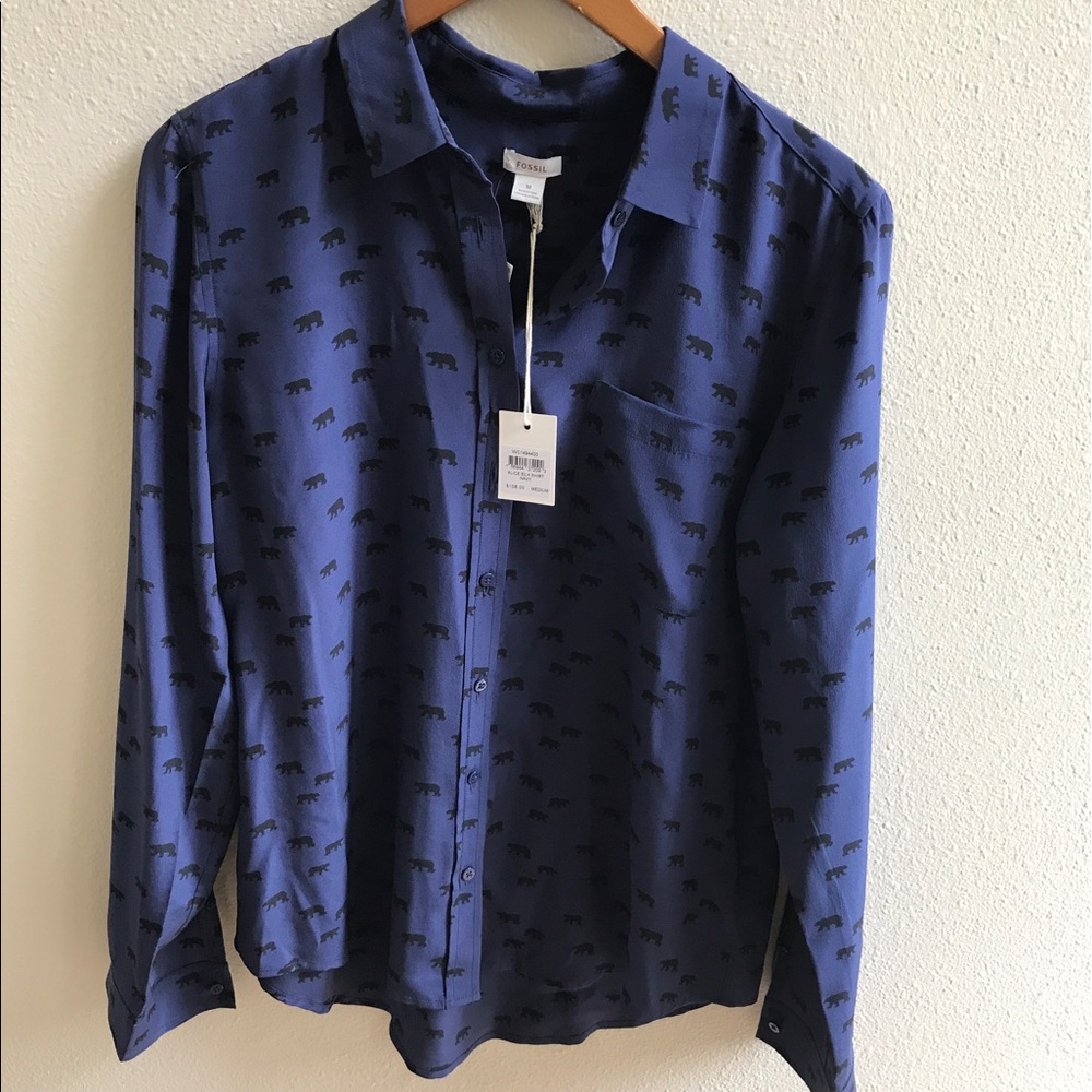 Fossil Navy Bear Print Button Down - New!